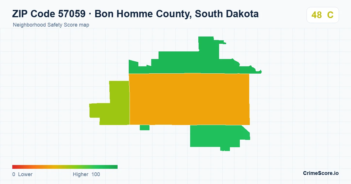 ZIP Code 57059 in Bon Homme County, South Dakota neighborhood Safety Score map
