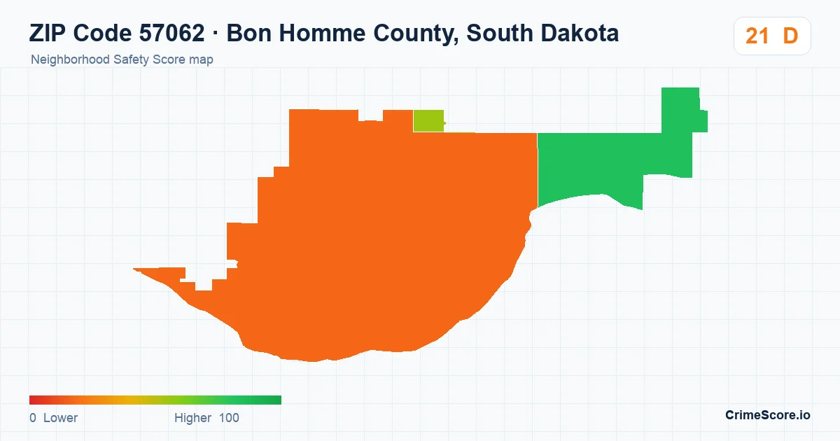 ZIP Code 57062 in Bon Homme County, South Dakota neighborhood Safety Score map