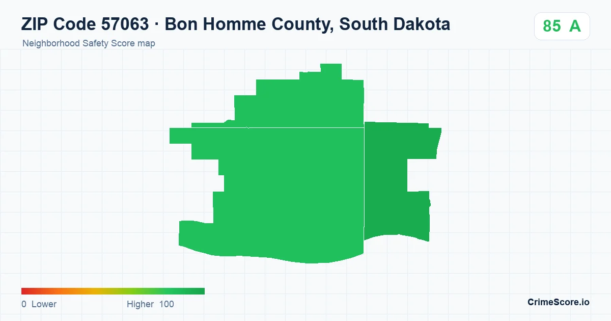 ZIP Code 57063 in Bon Homme County, South Dakota neighborhood Safety Score map