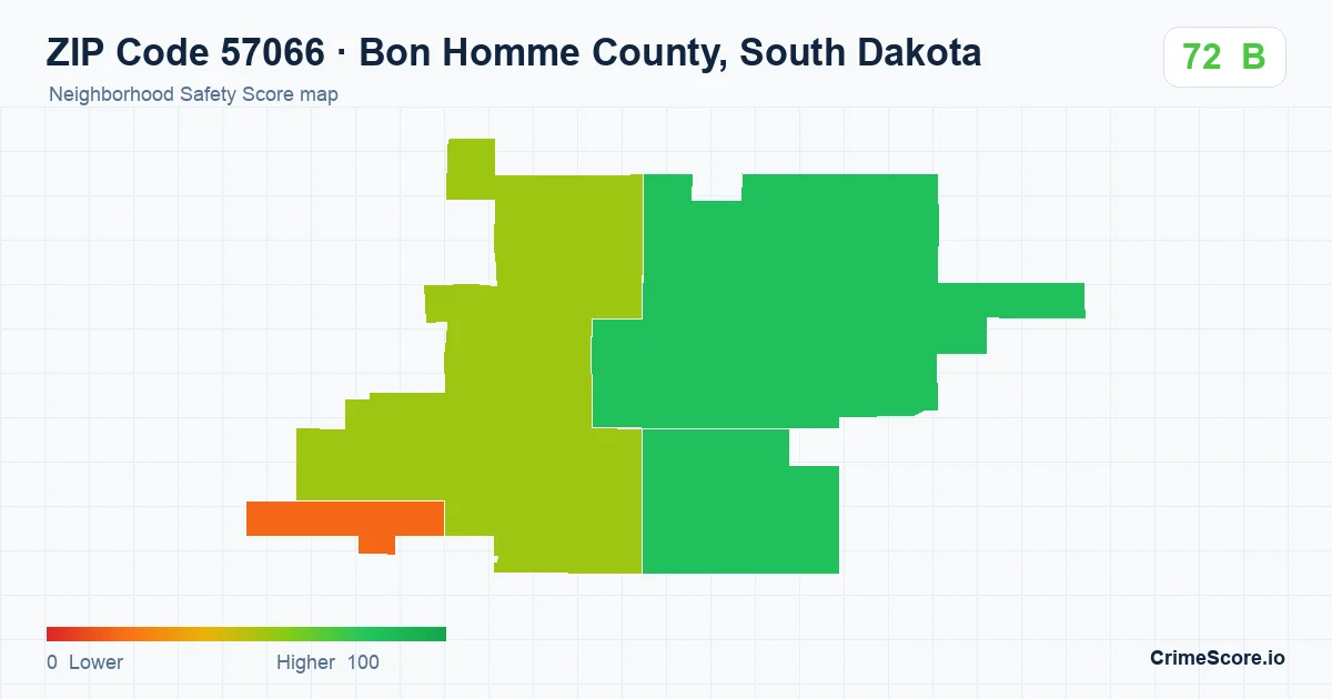 ZIP Code 57066 in Bon Homme County, South Dakota neighborhood Safety Score map