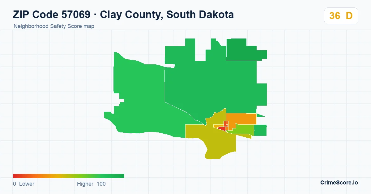 ZIP Code 57069 in Clay County, South Dakota neighborhood Safety Score map