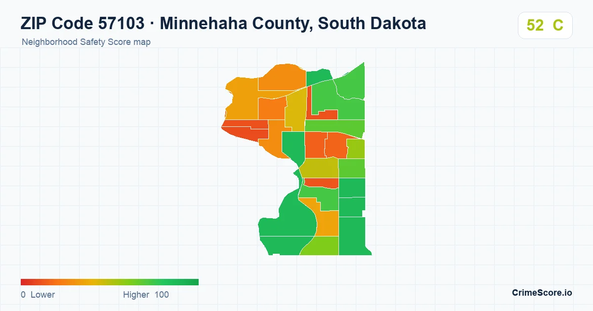 ZIP Code 57103 in Minnehaha County, South Dakota neighborhood Safety Score map