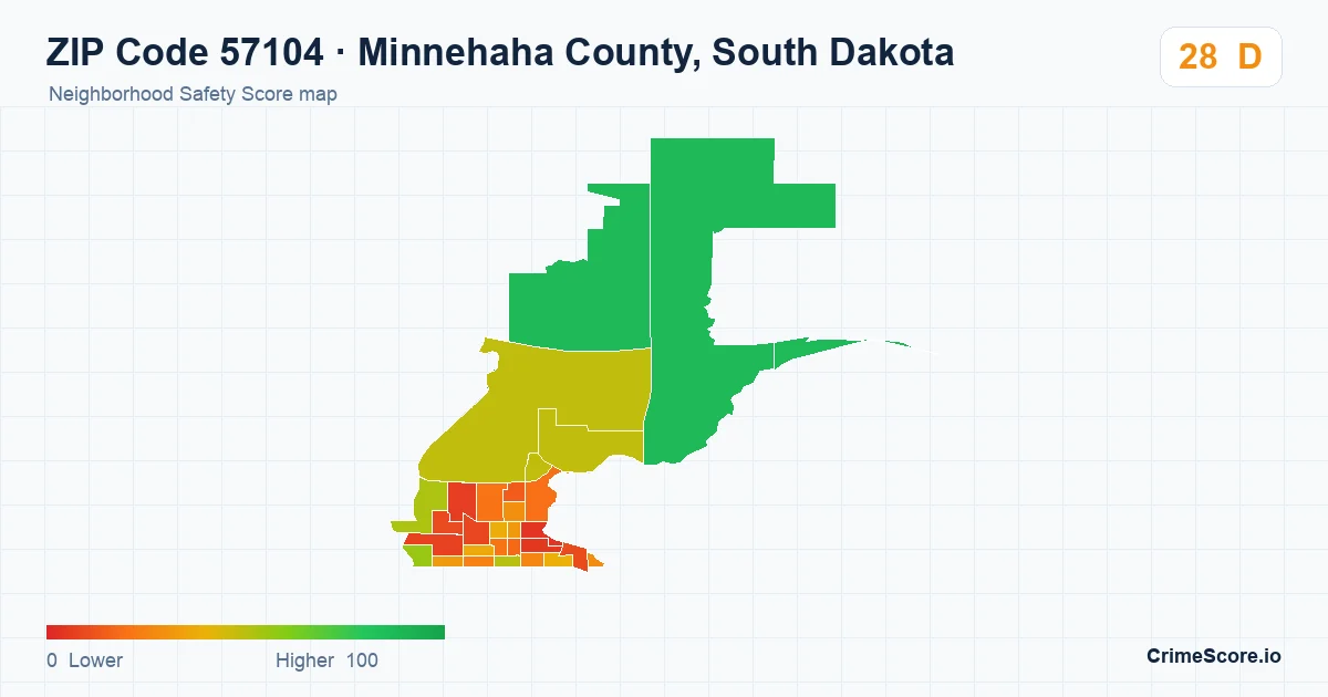 ZIP Code 57104 in Minnehaha County, South Dakota neighborhood Safety Score map