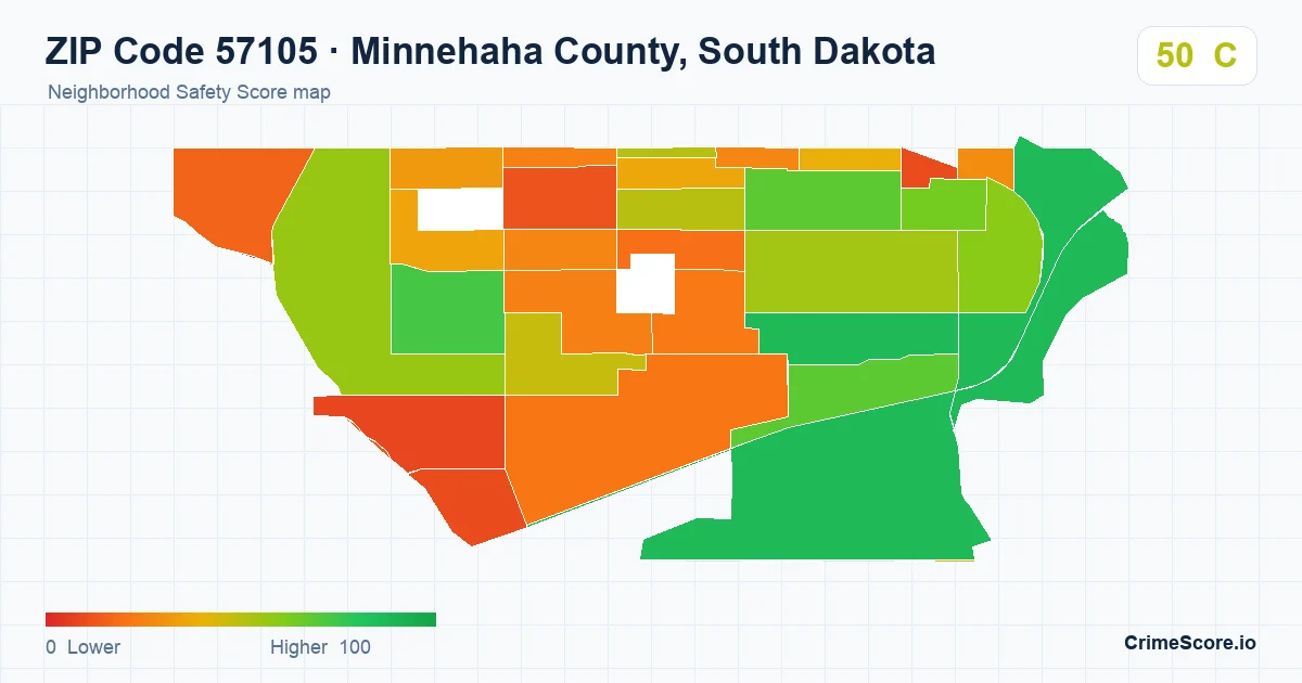 ZIP Code 57105 in Minnehaha County, South Dakota neighborhood Safety Score map