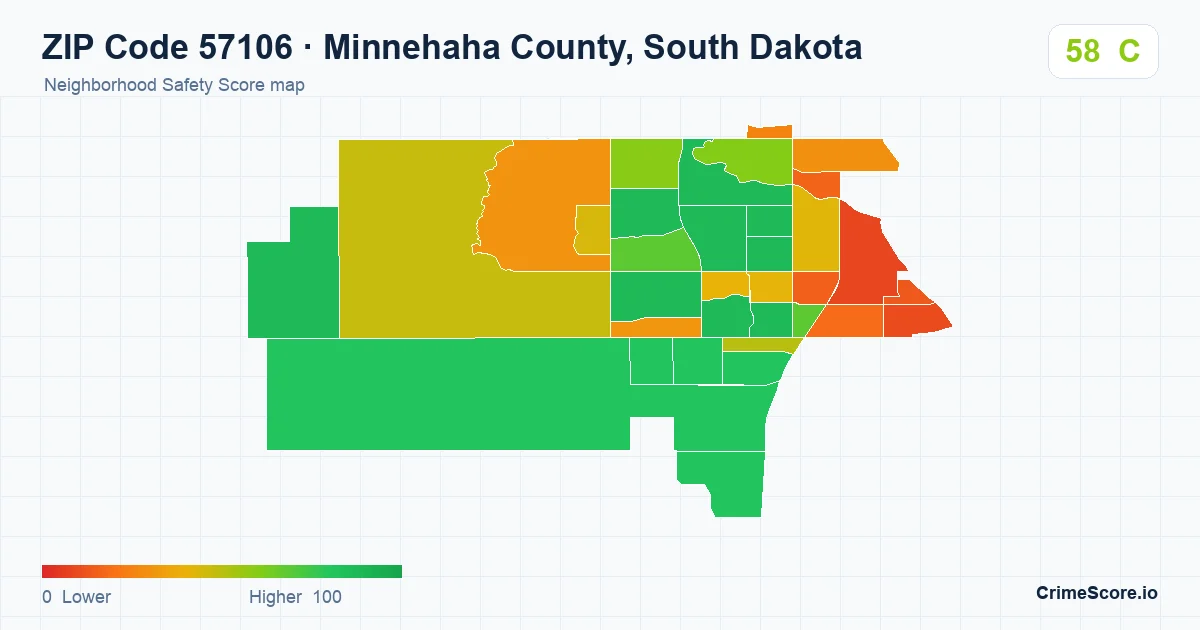 ZIP Code 57106 in Minnehaha County, South Dakota neighborhood Safety Score map