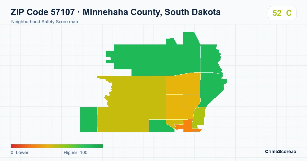 ZIP Code 57107 in Minnehaha County, South Dakota neighborhood Safety Score map
