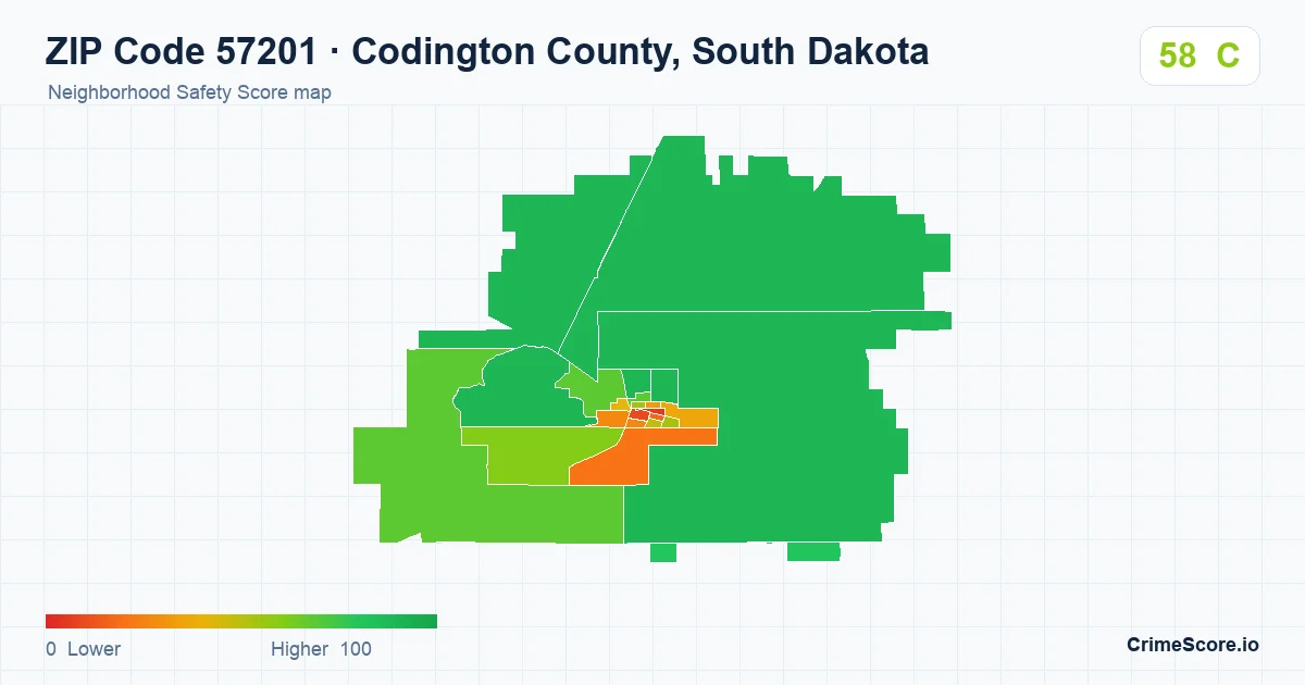 ZIP Code 57201 in Codington County, South Dakota neighborhood Safety Score map