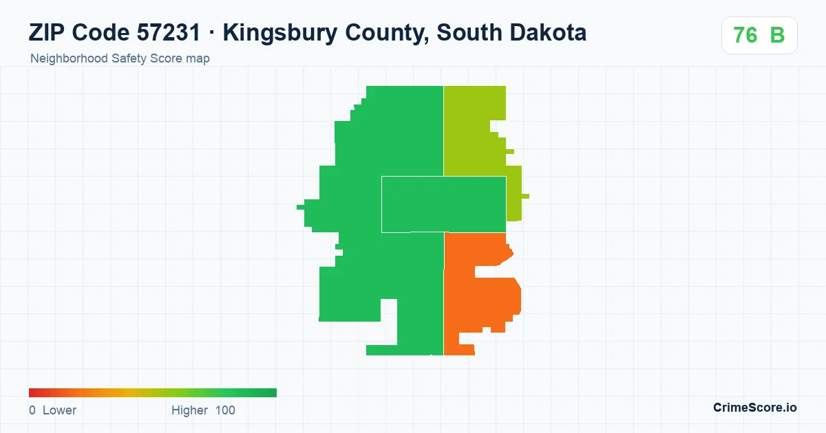 ZIP Code 57231 in Kingsbury County, South Dakota neighborhood Safety Score map