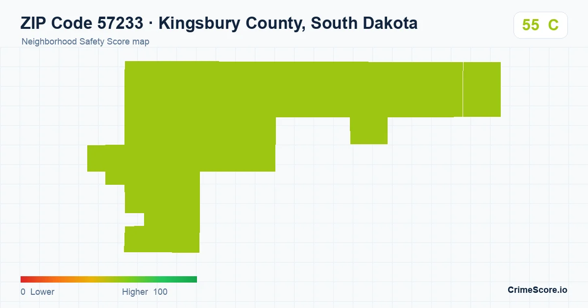 ZIP Code 57233 in Kingsbury County, South Dakota neighborhood Safety Score map