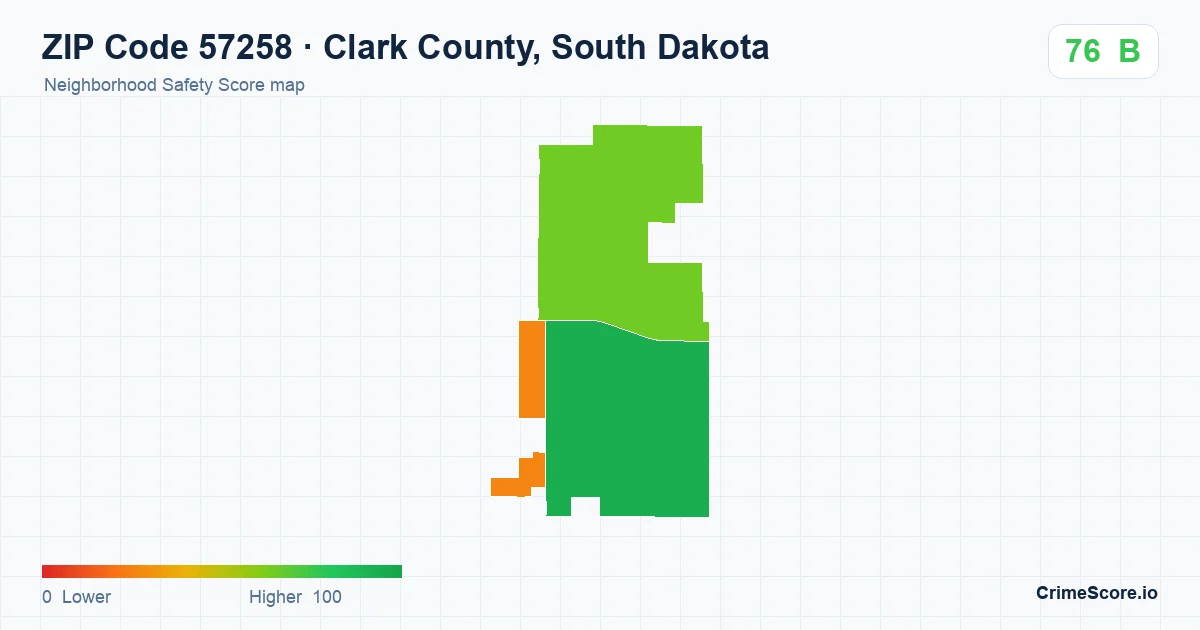 ZIP Code 57258 in Clark County, South Dakota neighborhood Safety Score map