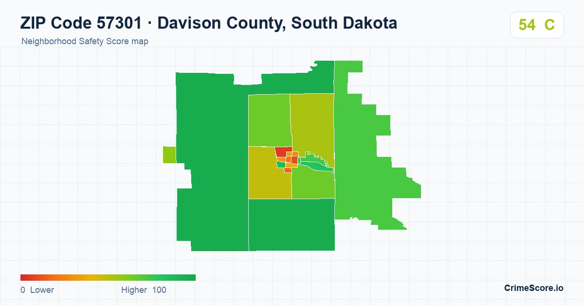 ZIP Code 57301 in Davison County, South Dakota neighborhood Safety Score map