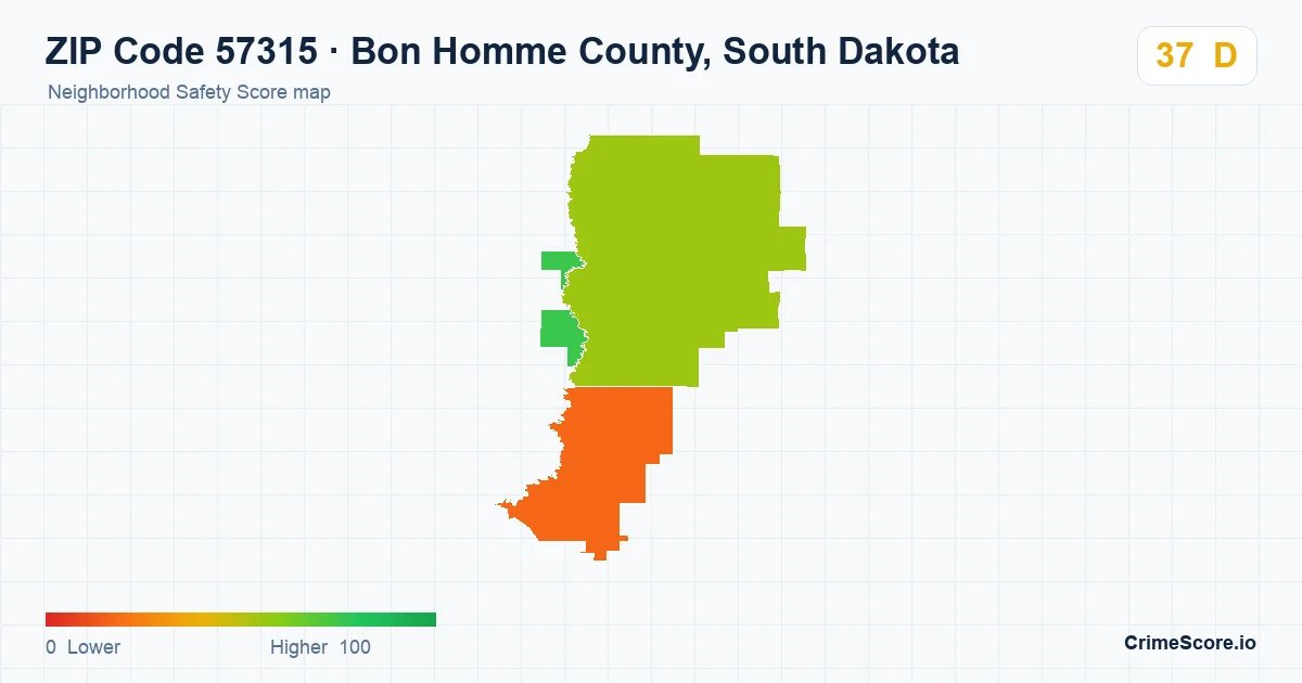ZIP Code 57315 in Bon Homme County, South Dakota neighborhood Safety Score map
