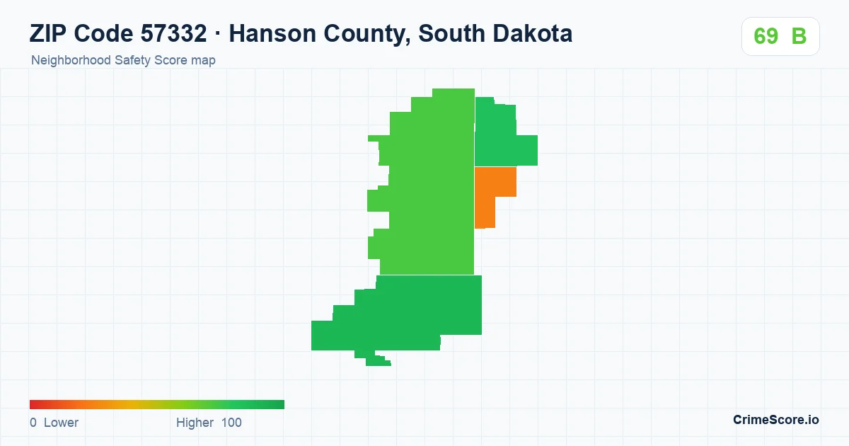 ZIP Code 57332 in Hanson County, South Dakota neighborhood Safety Score map
