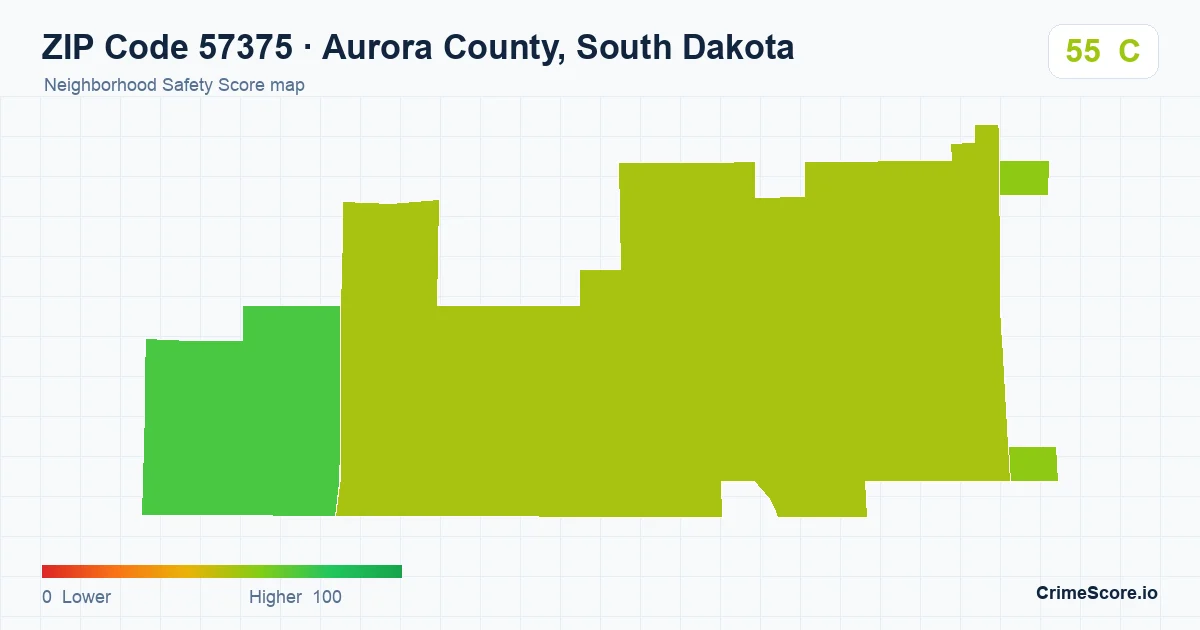 ZIP Code 57375 in Aurora County, South Dakota neighborhood Safety Score map
