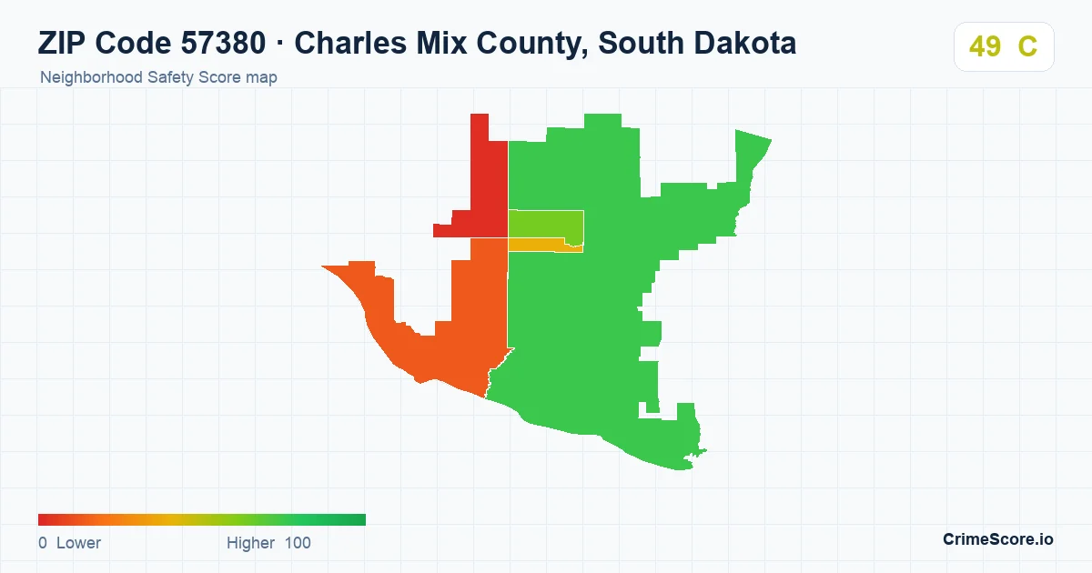 ZIP Code 57380 in Charles Mix County, South Dakota neighborhood Safety Score map