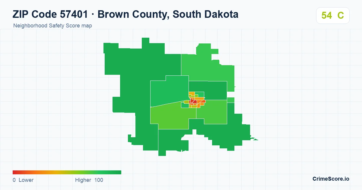 ZIP Code 57401 in Brown County, South Dakota neighborhood Safety Score map