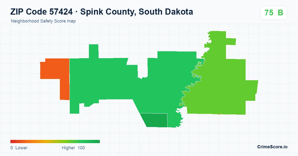 ZIP Code 57424 in Spink County, South Dakota neighborhood Safety Score map
