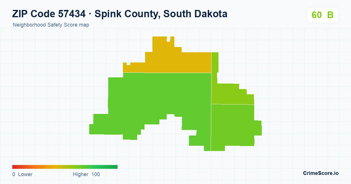ZIP Code 57434 in Spink County, South Dakota neighborhood Safety Score map