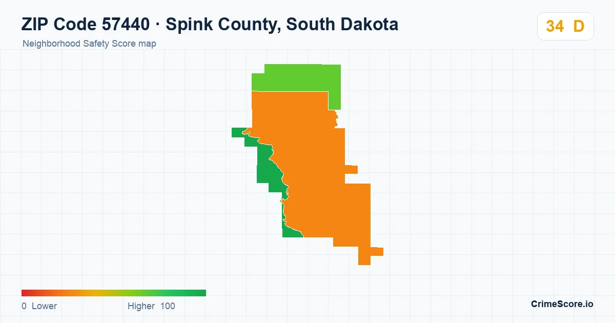 ZIP Code 57440 in Spink County, South Dakota neighborhood Safety Score map