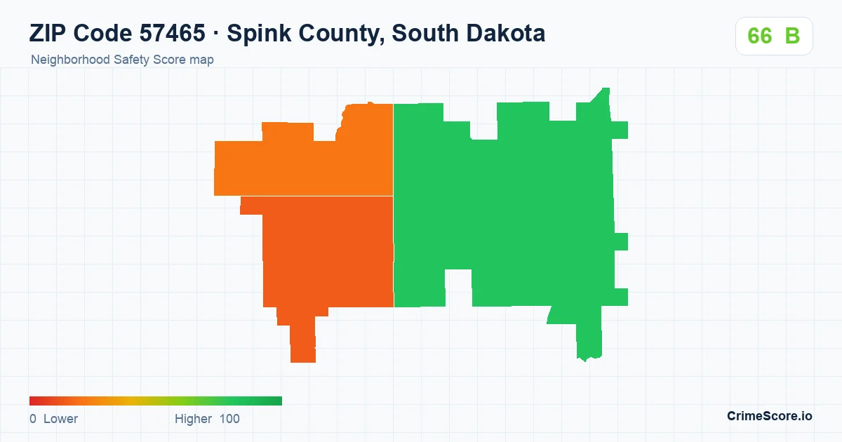 ZIP Code 57465 in Spink County, South Dakota neighborhood Safety Score map