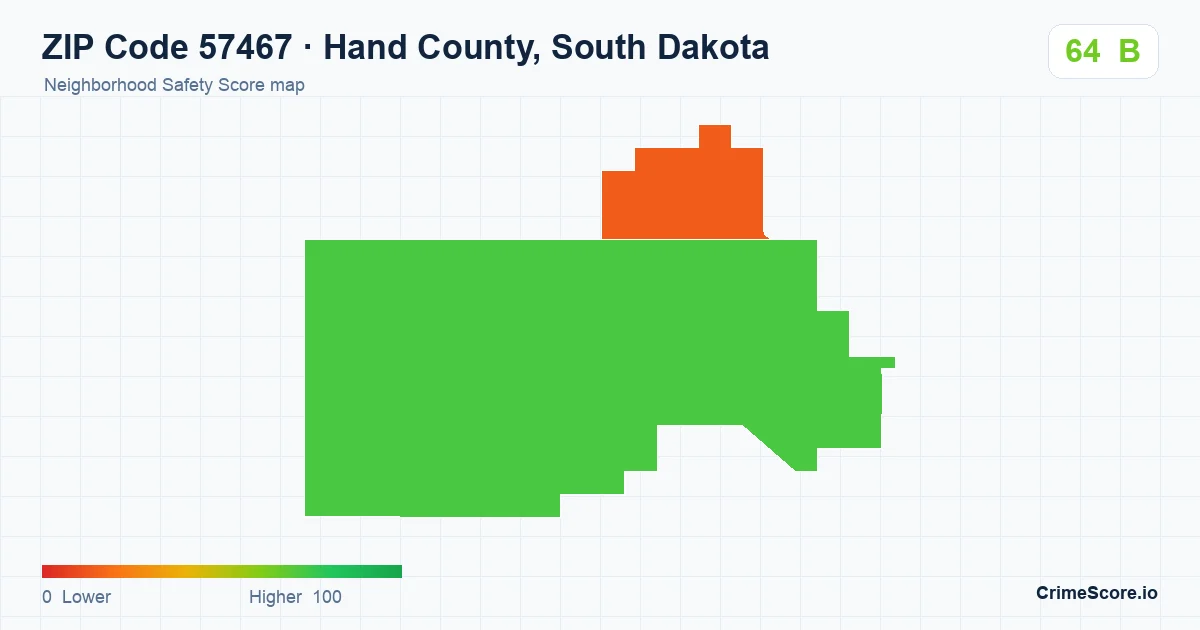 ZIP Code 57467 in Hand County, South Dakota neighborhood Safety Score map