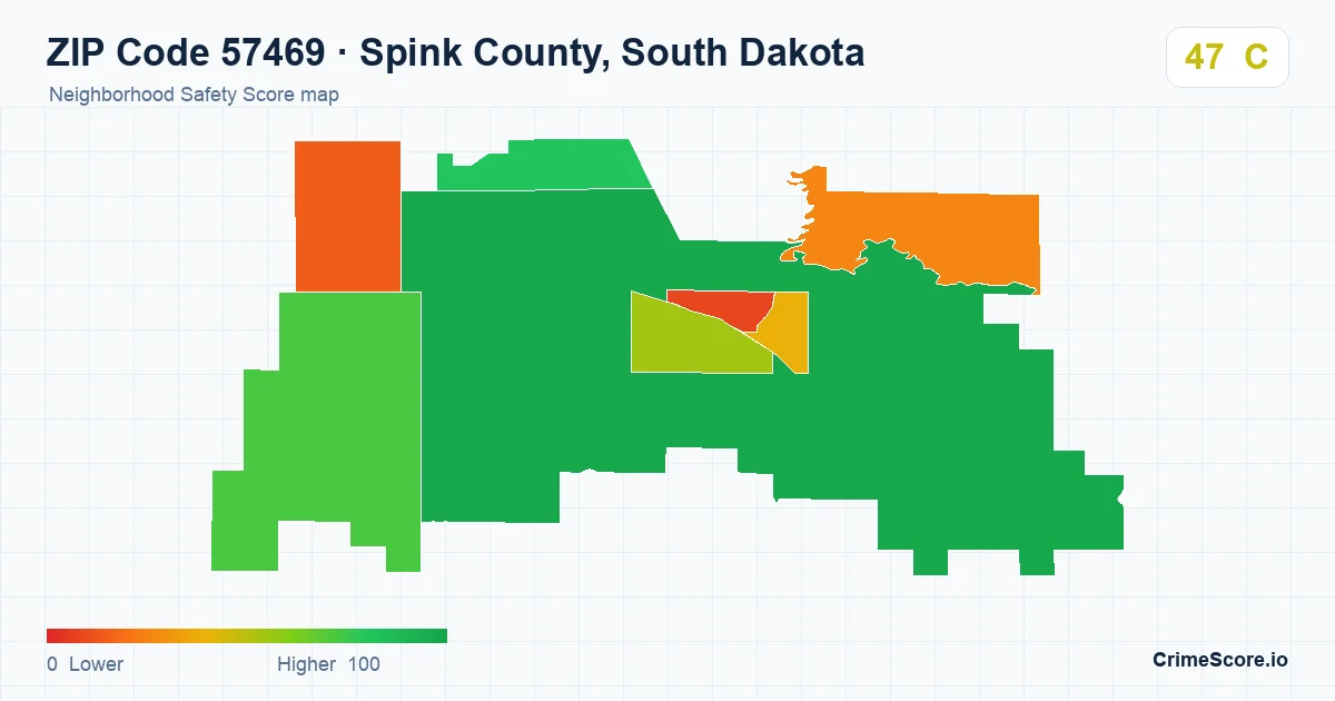 ZIP Code 57469 in Spink County, South Dakota neighborhood Safety Score map