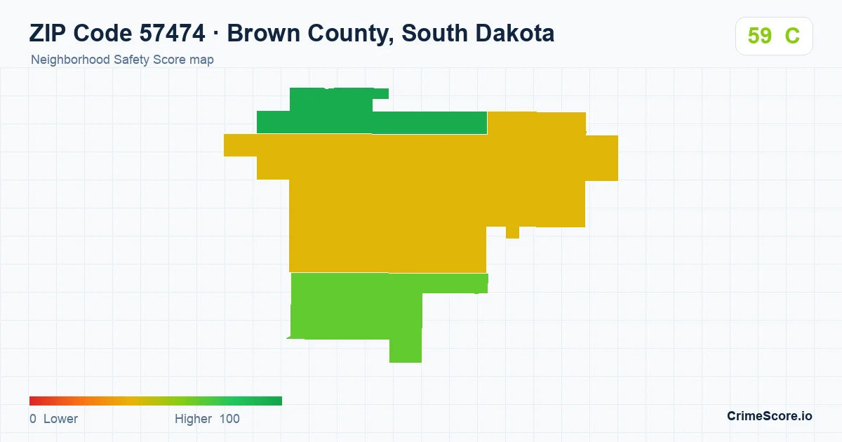 ZIP Code 57474 in Brown County, South Dakota neighborhood Safety Score map