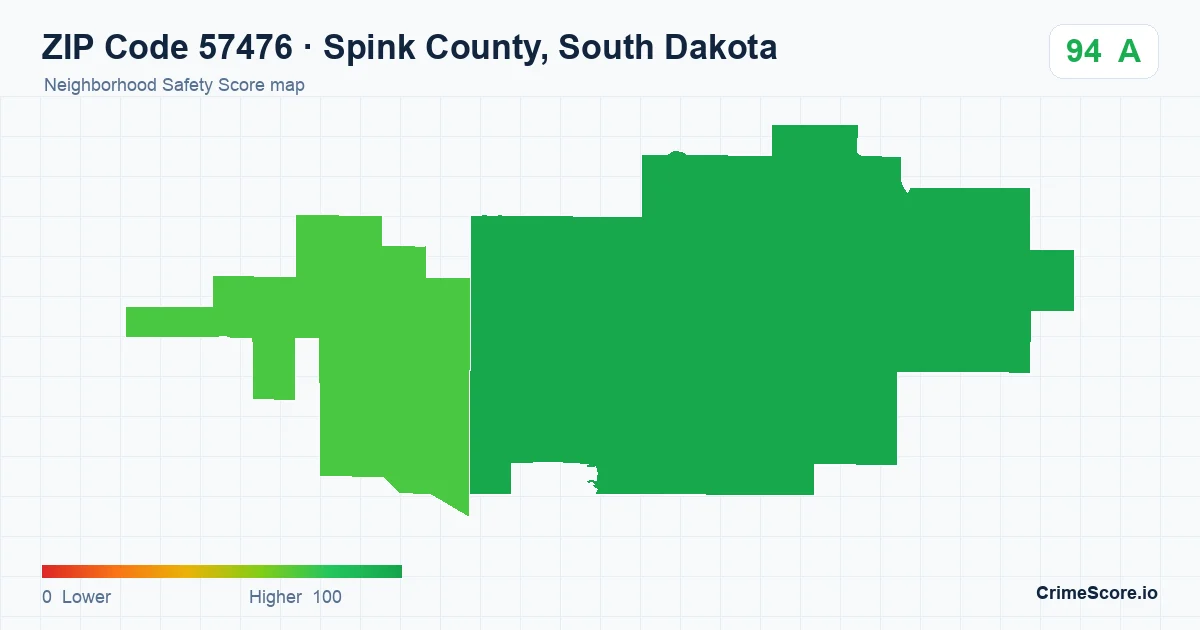ZIP Code 57476 in Spink County, South Dakota neighborhood Safety Score map