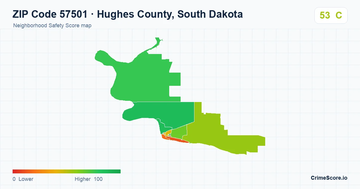 ZIP Code 57501 in Hughes County, South Dakota neighborhood Safety Score map