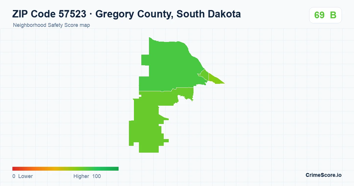ZIP Code 57523 in Gregory County, South Dakota neighborhood Safety Score map