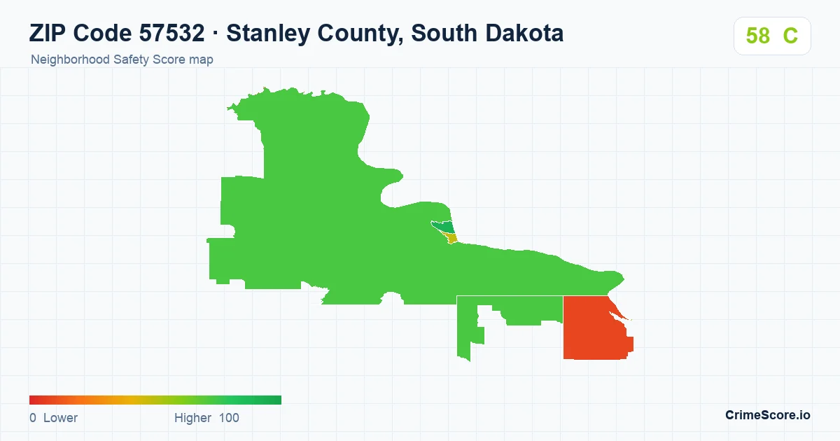 ZIP Code 57532 in Stanley County, South Dakota neighborhood Safety Score map