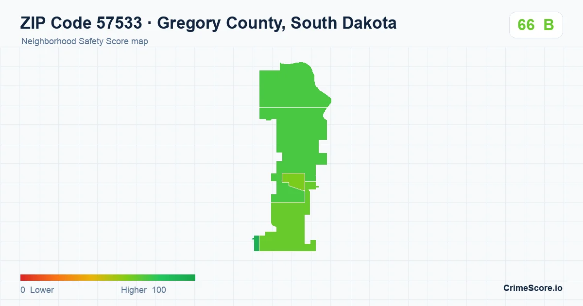 ZIP Code 57533 in Gregory County, South Dakota neighborhood Safety Score map