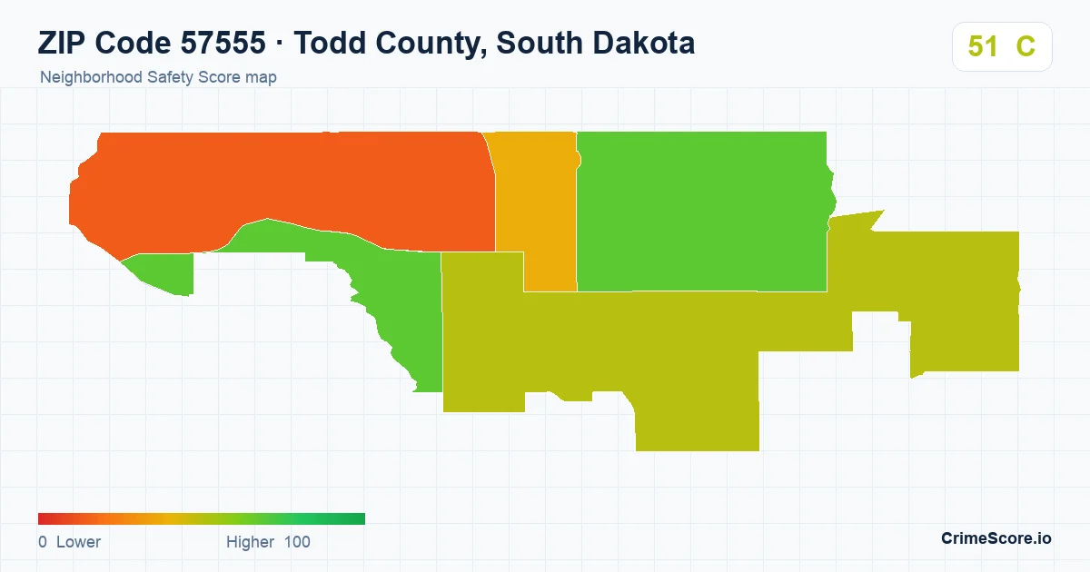 ZIP Code 57555 in Todd County, South Dakota neighborhood Safety Score map