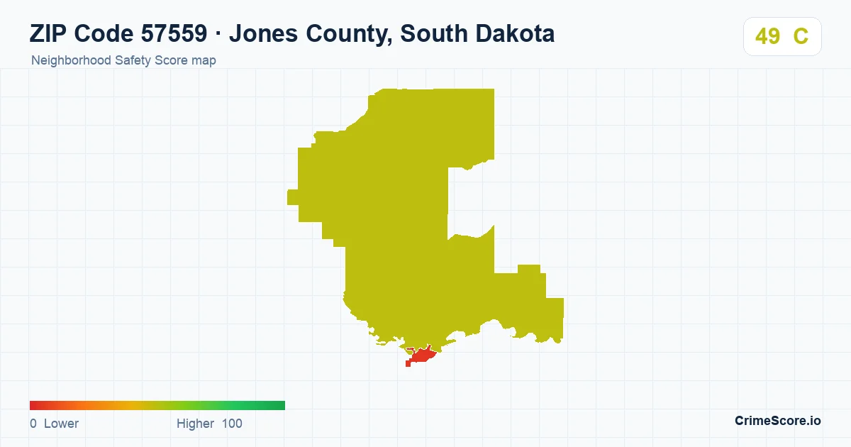 ZIP Code 57559 in Jones County, South Dakota neighborhood Safety Score map