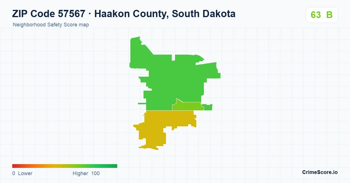 ZIP Code 57567 in Haakon County, South Dakota neighborhood Safety Score map