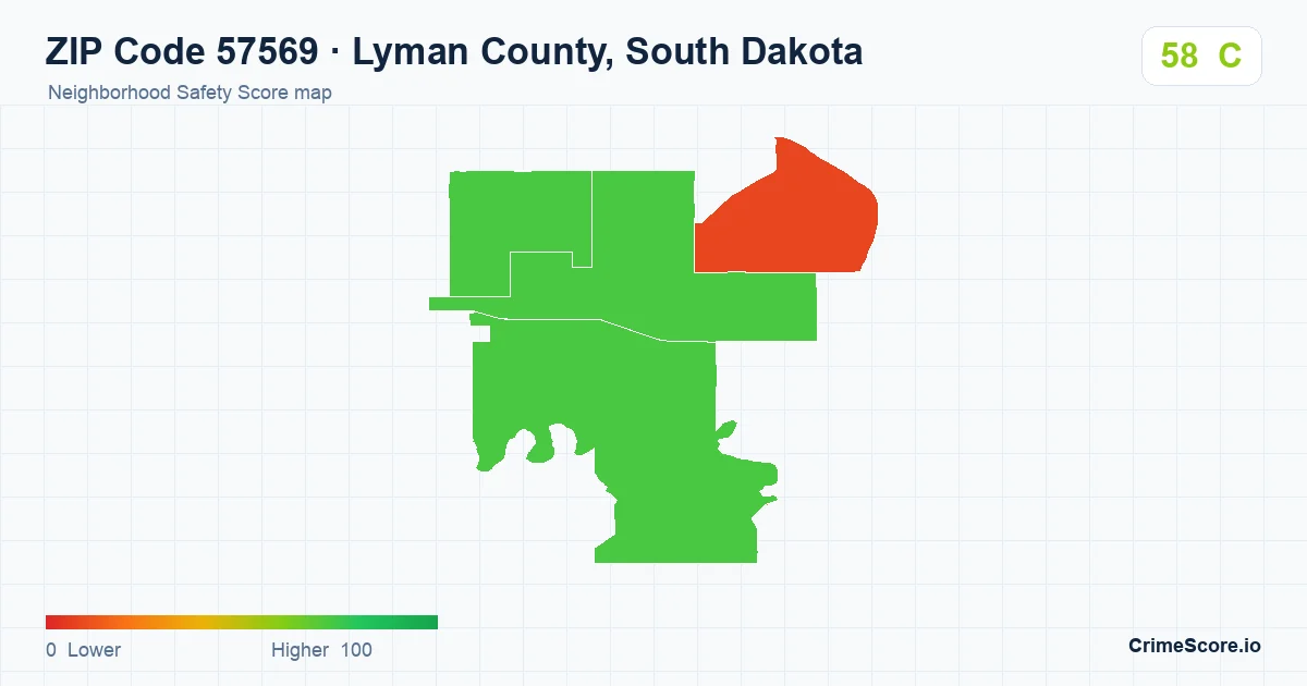 ZIP Code 57569 in Lyman County, South Dakota neighborhood Safety Score map