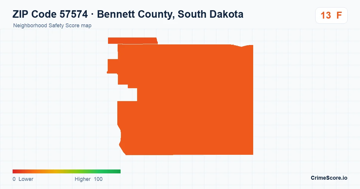 ZIP Code 57574 in Bennett County, South Dakota neighborhood Safety Score map