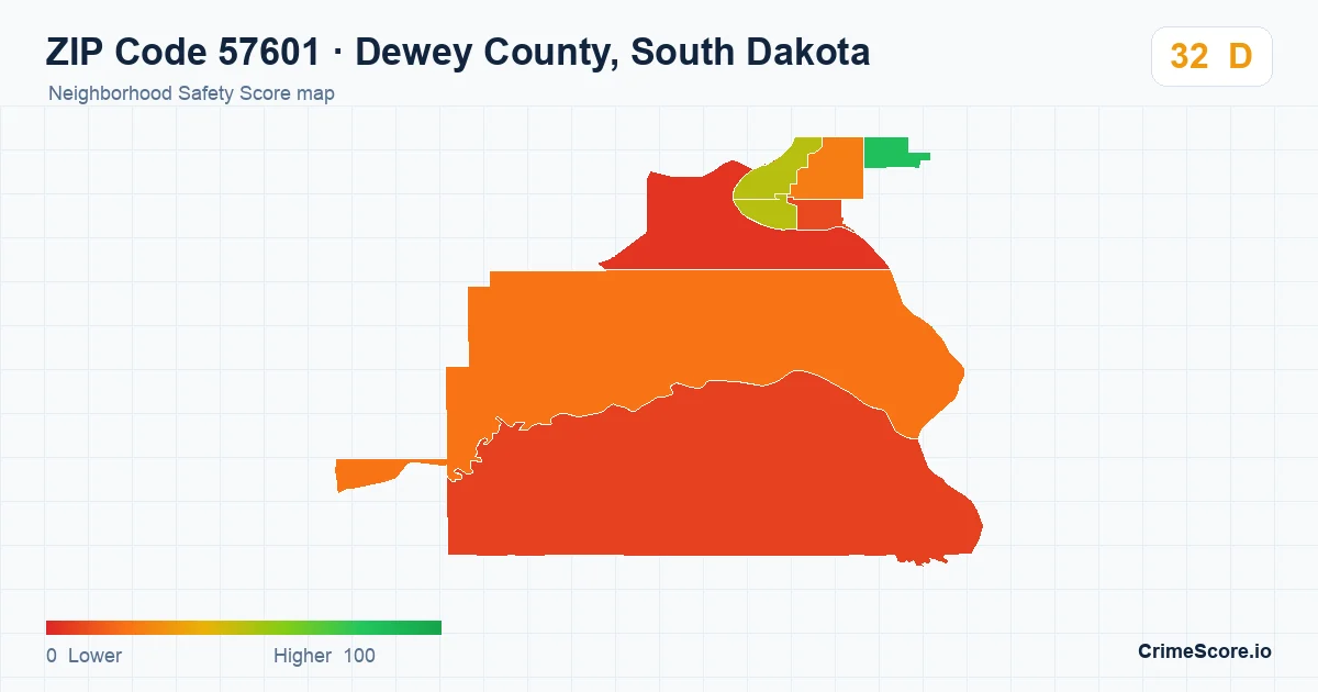ZIP Code 57601 in Dewey County, South Dakota neighborhood Safety Score map