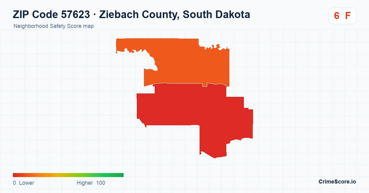 ZIP Code 57623 in Ziebach County, South Dakota neighborhood Safety Score map
