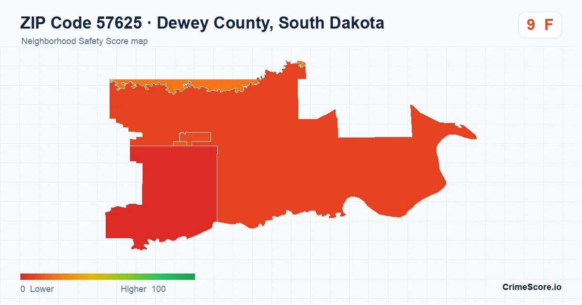 ZIP Code 57625 in Dewey County, South Dakota neighborhood Safety Score map