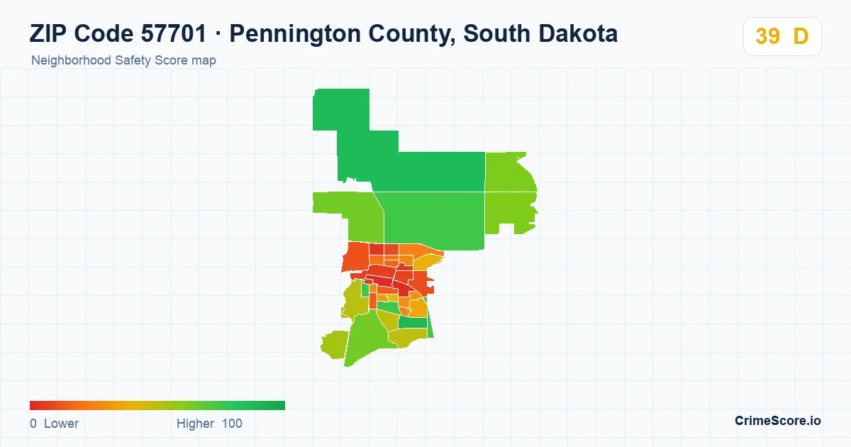 ZIP Code 57701 in Pennington County, South Dakota neighborhood Safety Score map