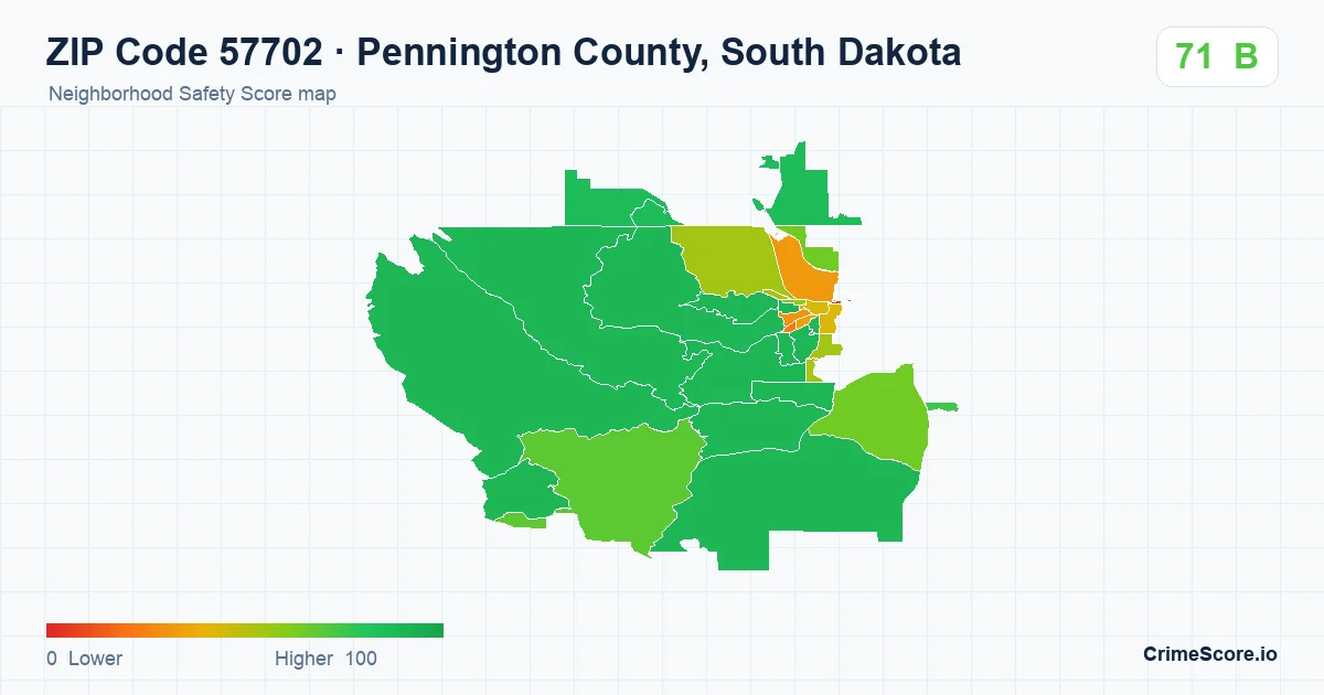 ZIP Code 57702 in Pennington County, South Dakota neighborhood Safety Score map