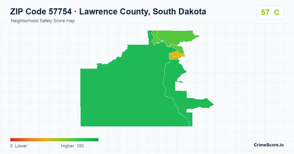 ZIP Code 57754 in Lawrence County, South Dakota neighborhood Safety Score map
