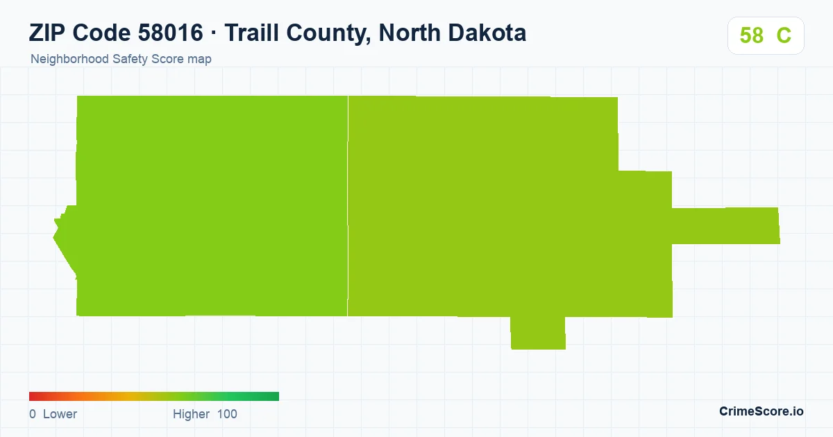 ZIP Code 58016 in Traill County, North Dakota neighborhood Safety Score map