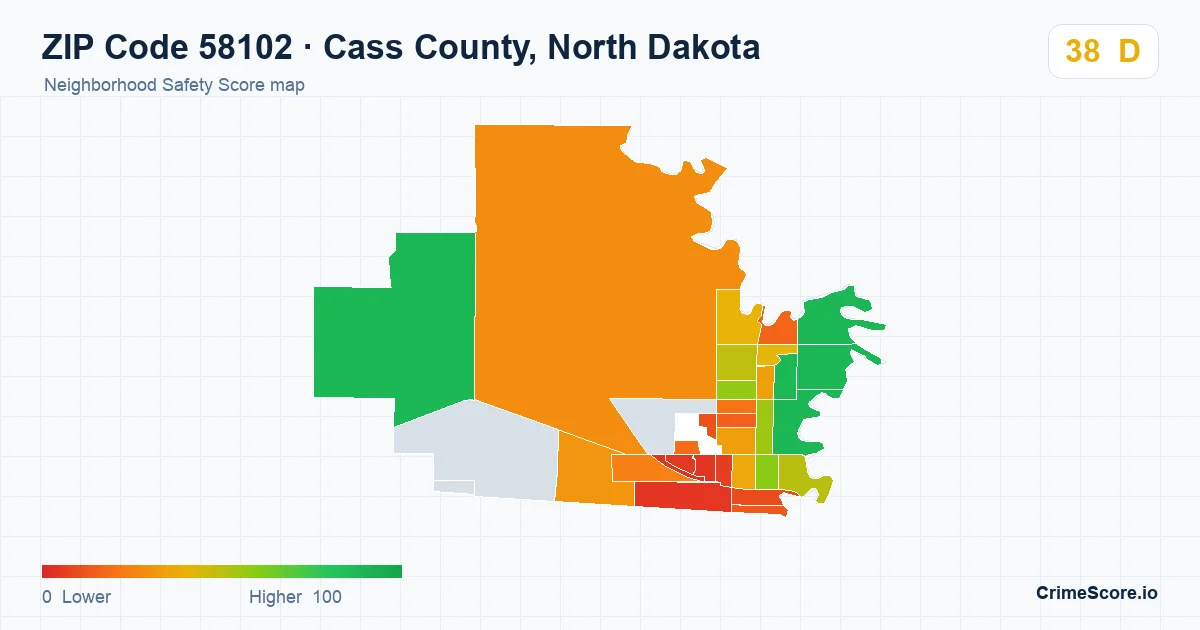 ZIP Code 58102 in Cass County, North Dakota neighborhood Safety Score map