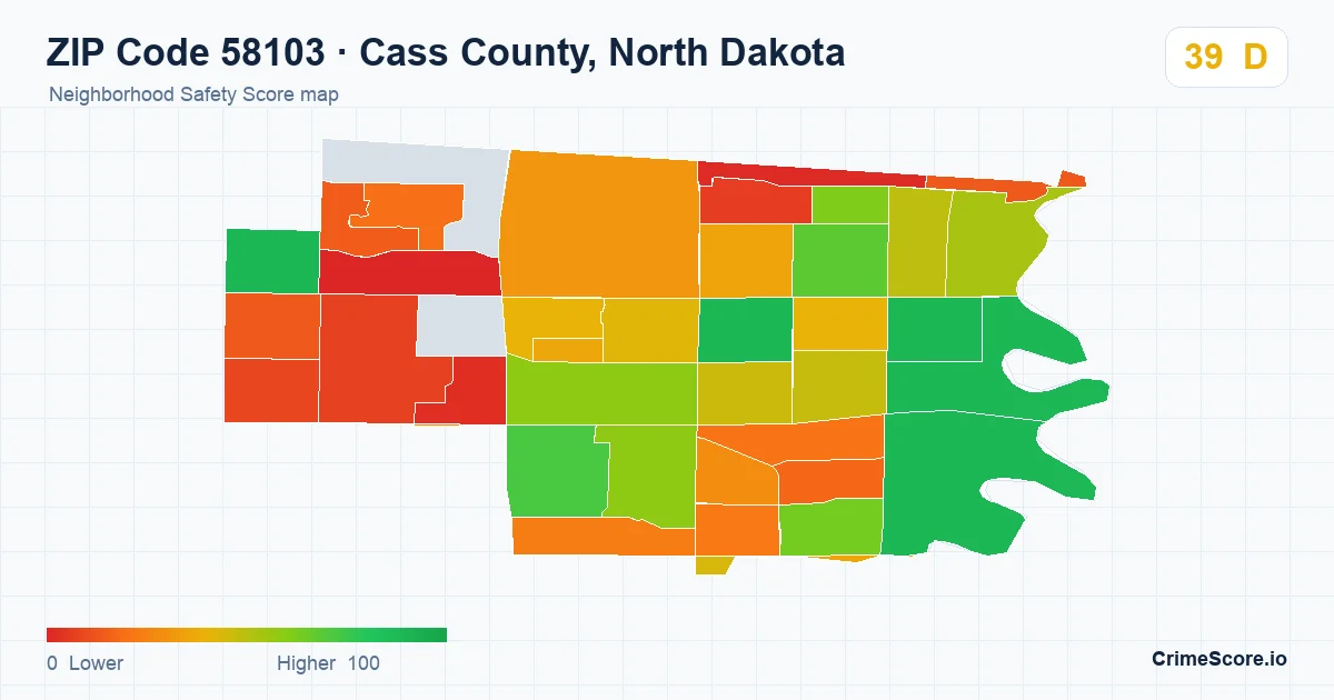 ZIP Code 58103 in Cass County, North Dakota neighborhood Safety Score map