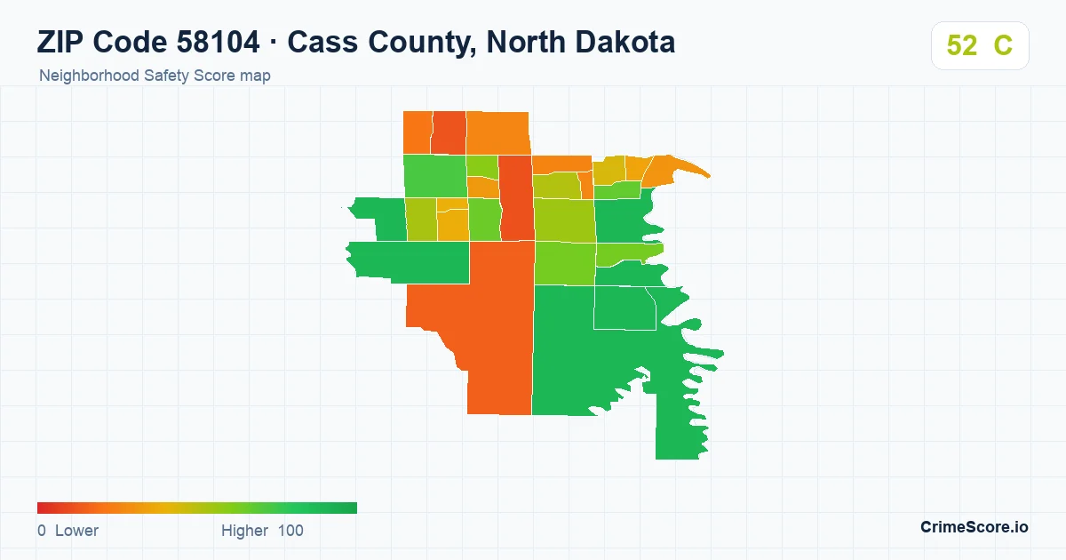 ZIP Code 58104 in Cass County, North Dakota neighborhood Safety Score map