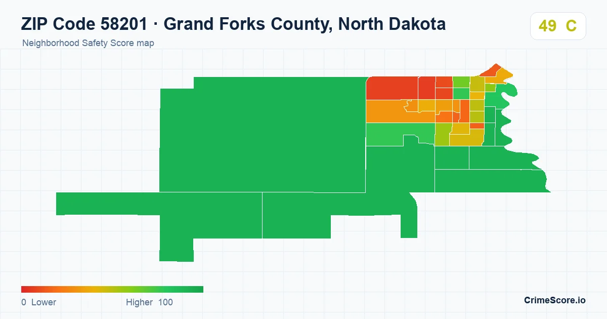 ZIP Code 58201 in Grand Forks County, North Dakota neighborhood Safety Score map