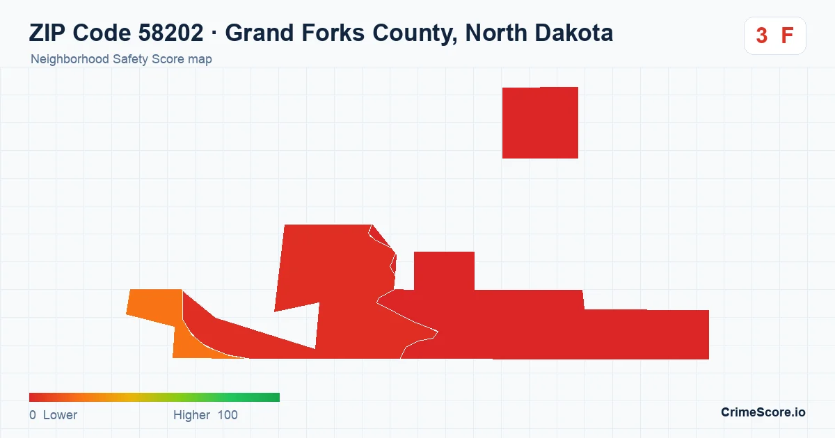ZIP Code 58202 in Grand Forks County, North Dakota neighborhood Safety Score map