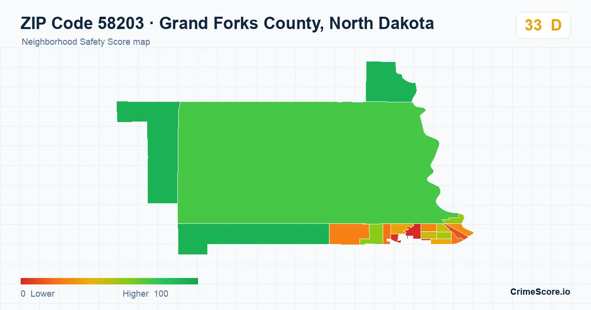 ZIP Code 58203 in Grand Forks County, North Dakota neighborhood Safety Score map
